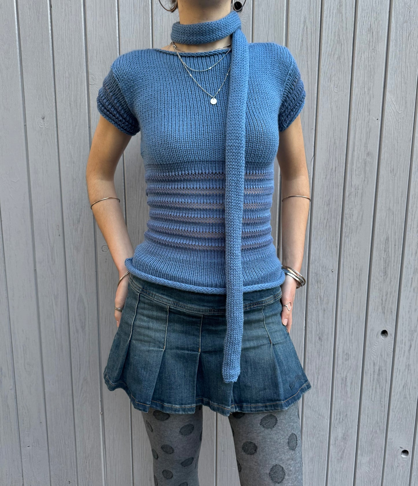 Handmade knitted skinny scarf in denim blue - pre made