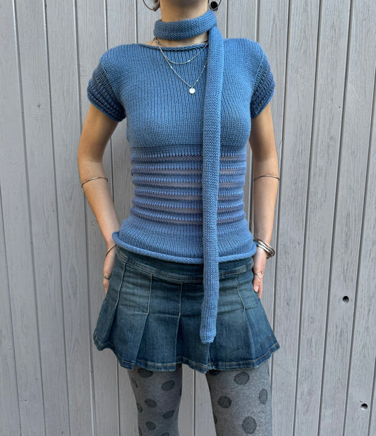 Handmade knitted skinny scarf in denim blue - pre made