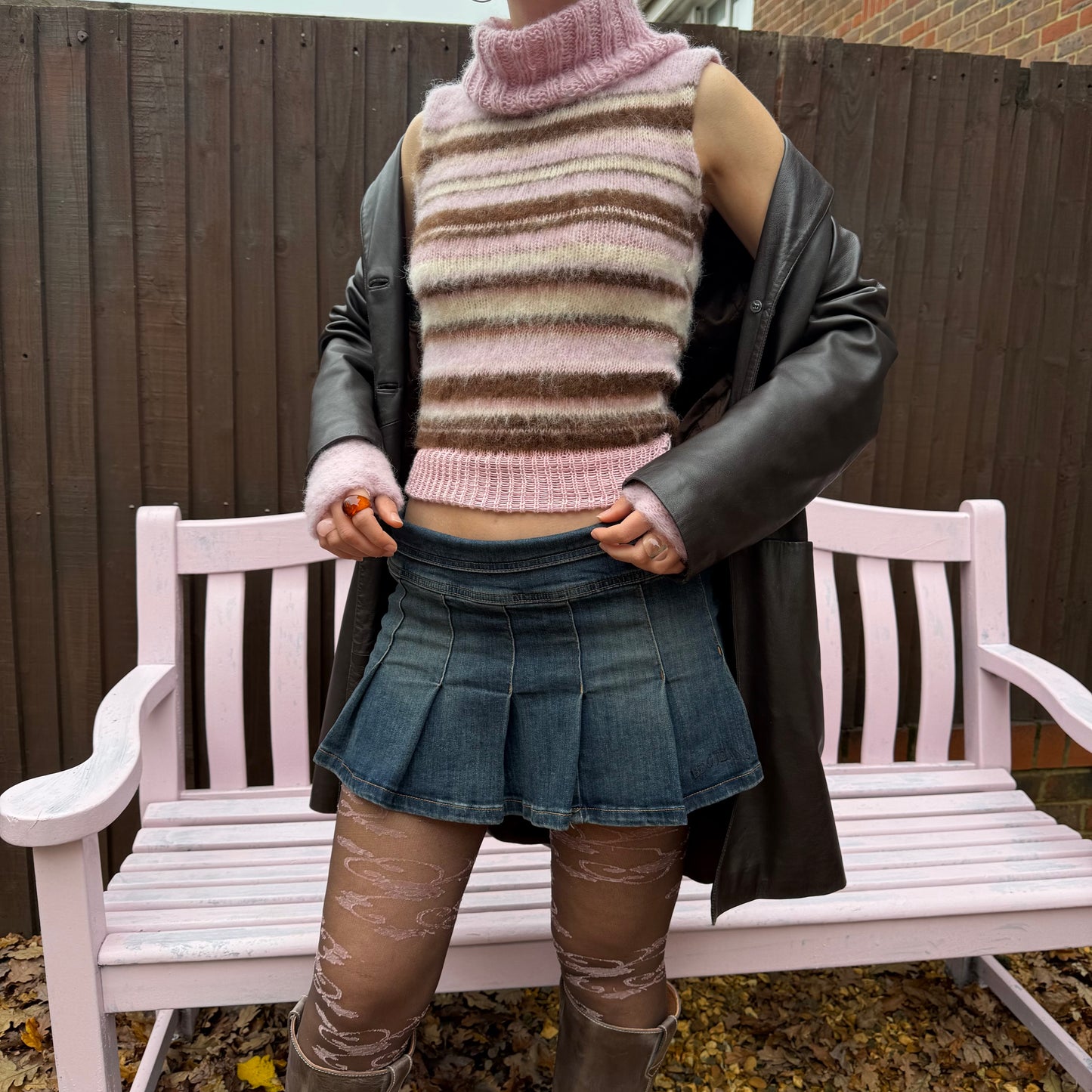 The Neapolitan Ice Cream Vest - brown, cream & baby pink fluffy striped turtleneck knit vest