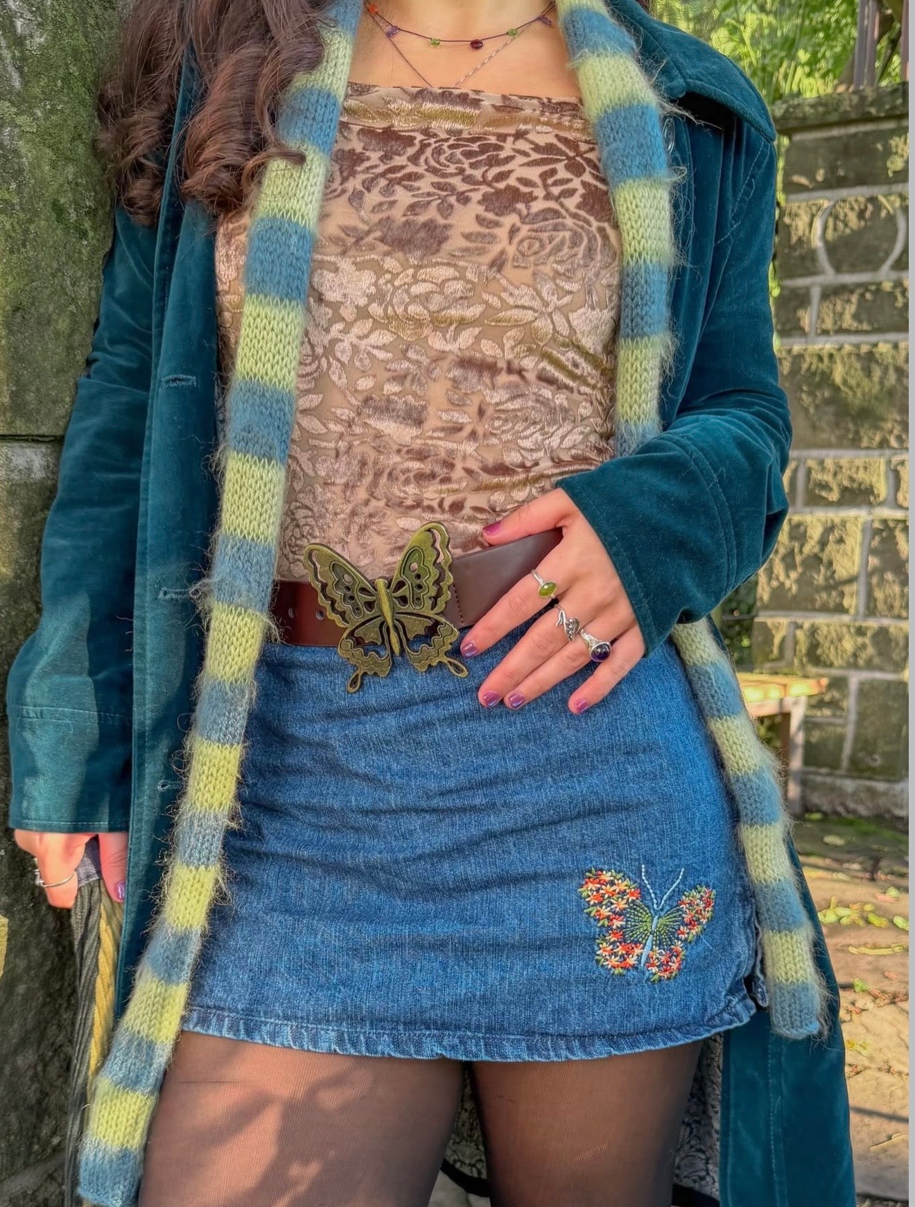 Handmade blue and green mohair striped skinny scarf