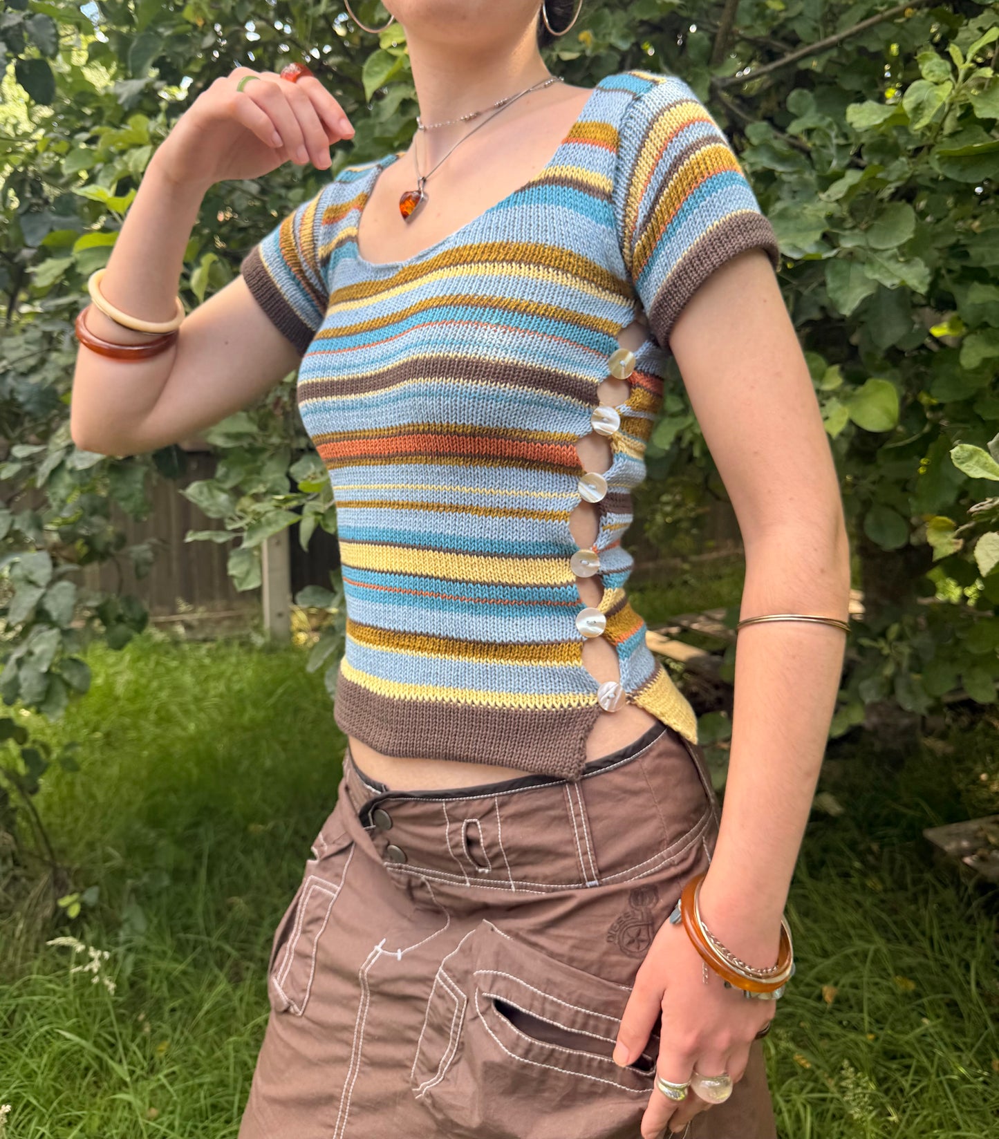Retro Striped Scoop Neck Pearl Tee (pre made in size S)