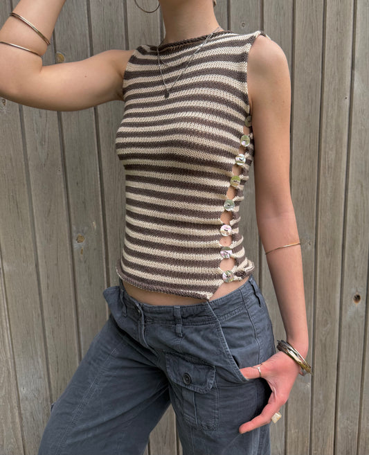 Striped Pearl Vest in mocha and cream - handmade knitted vest with abalone shell buttons