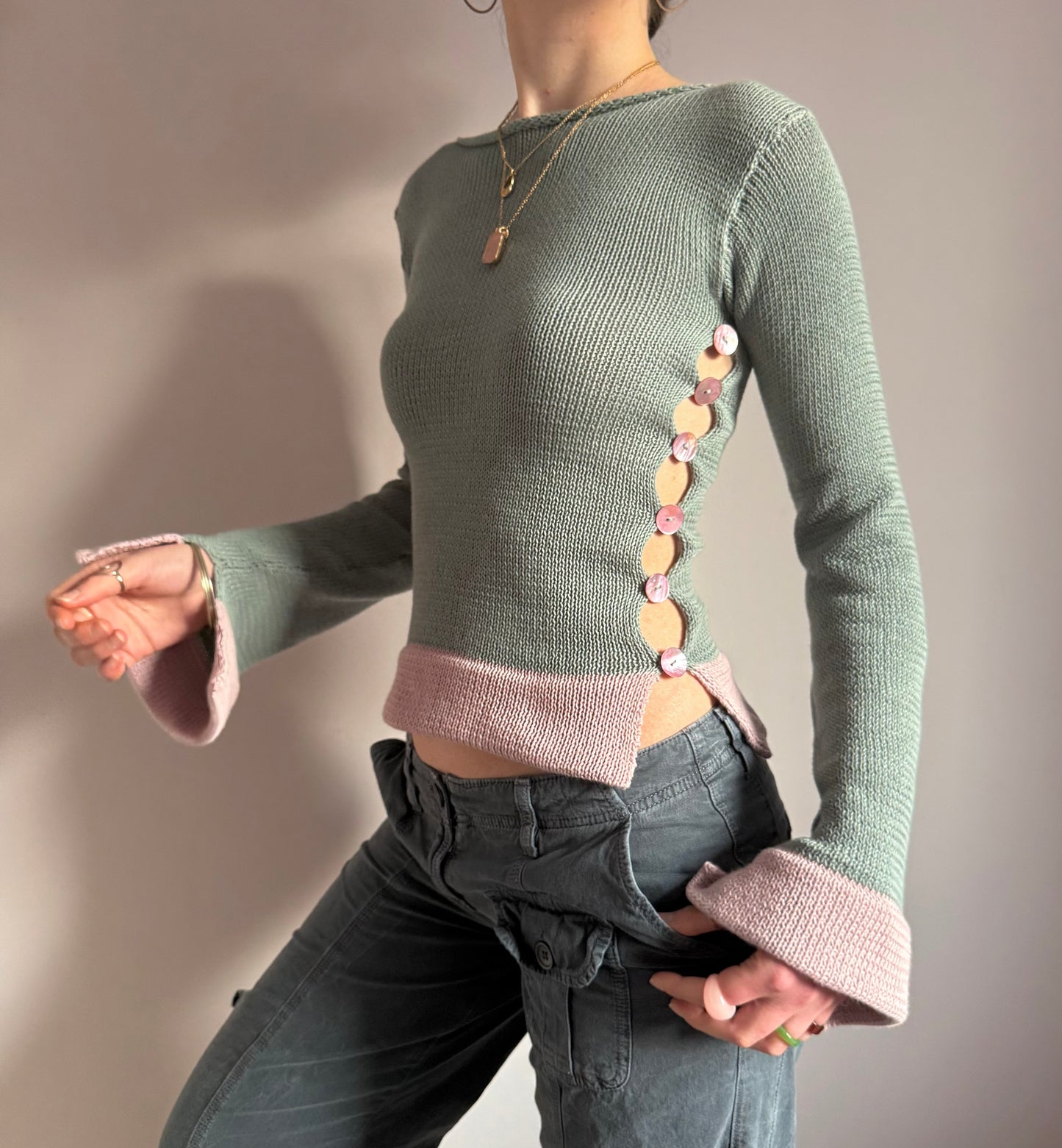 Colour block Pearl long sleeve in sage green & dusky pink - limited edition
