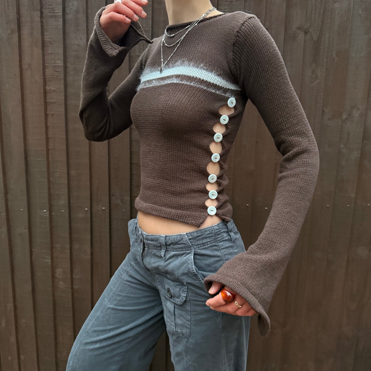 Pearl Long Sleeve in brown and blue - handmade striped knit jumper with buttons