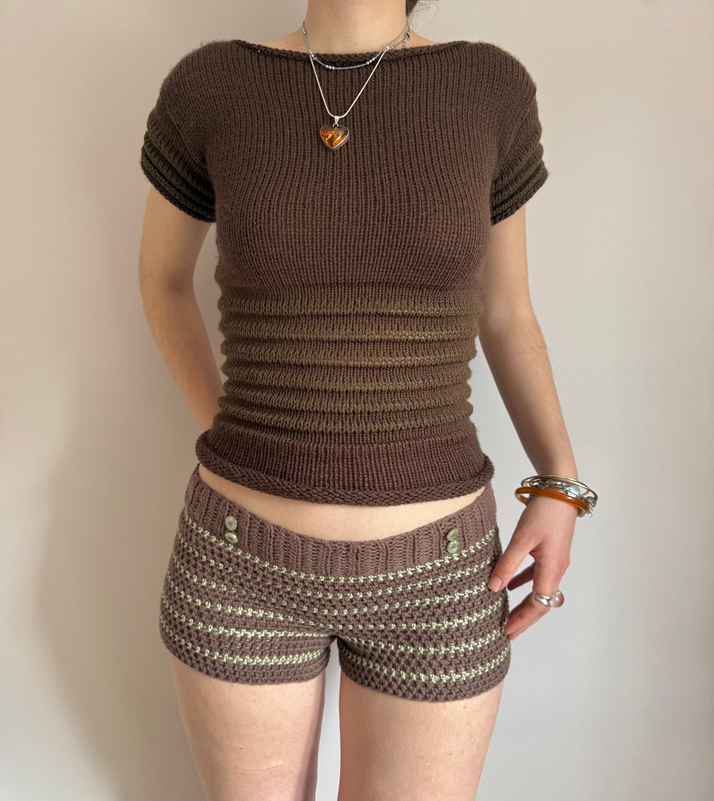 1 of 1 brown & green striped cotton crochet button shorts (pre made in size XS)