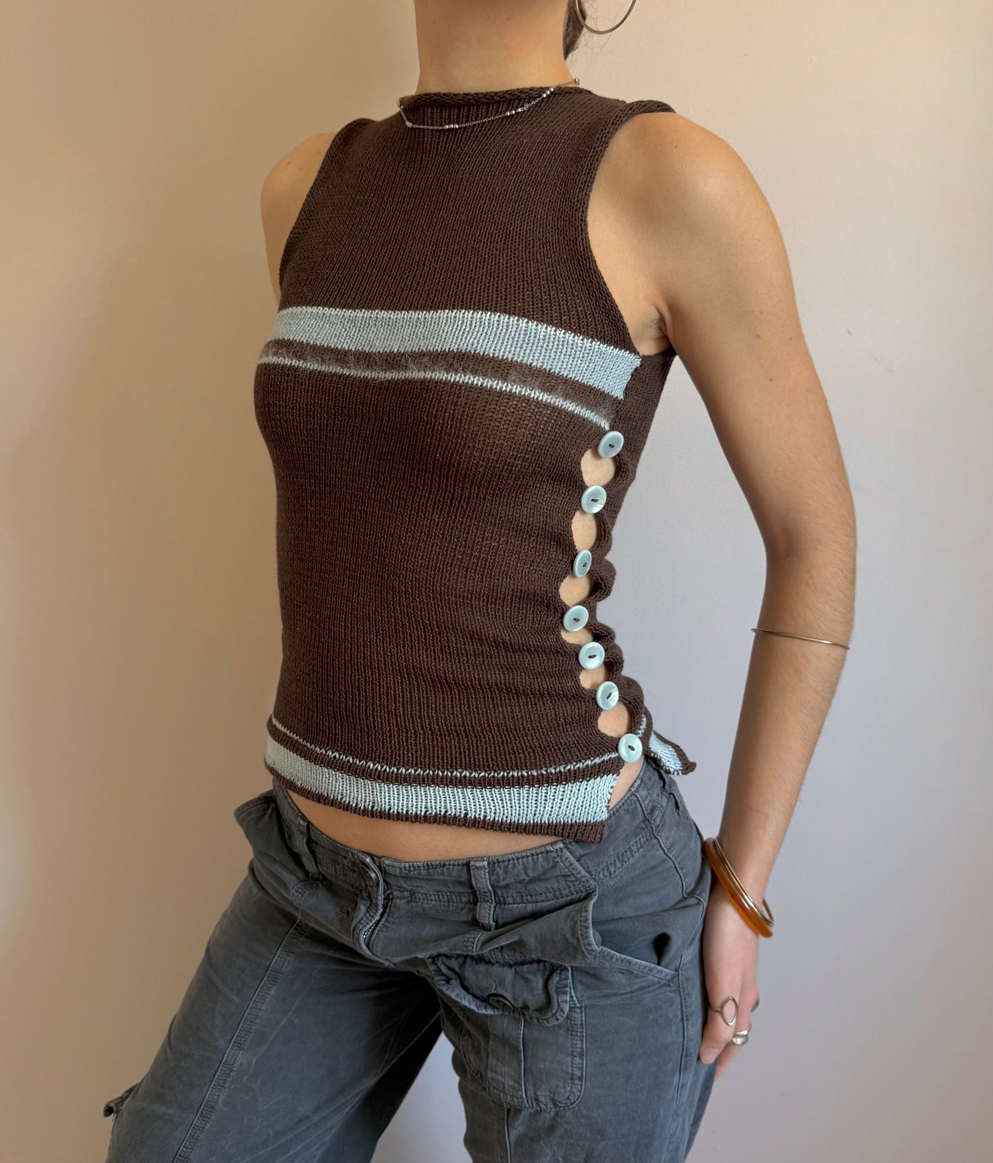 Striped Pearl Vest in brown and baby blue