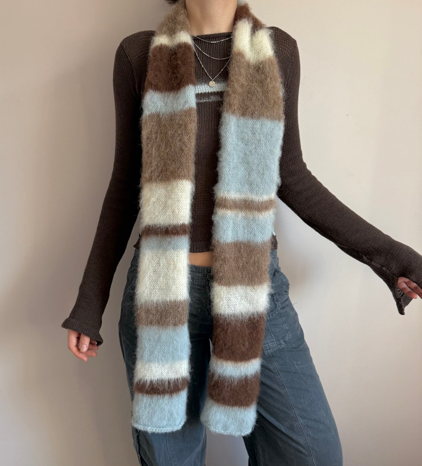 Handmade fluffy baby blue, cream and brown striped scarf - made to order