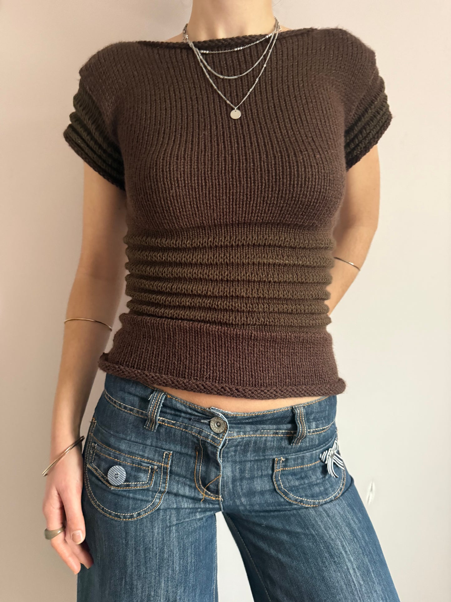 The Ripple Tee in brown - handmade shirred top with puff sleeves (pre made in size M)