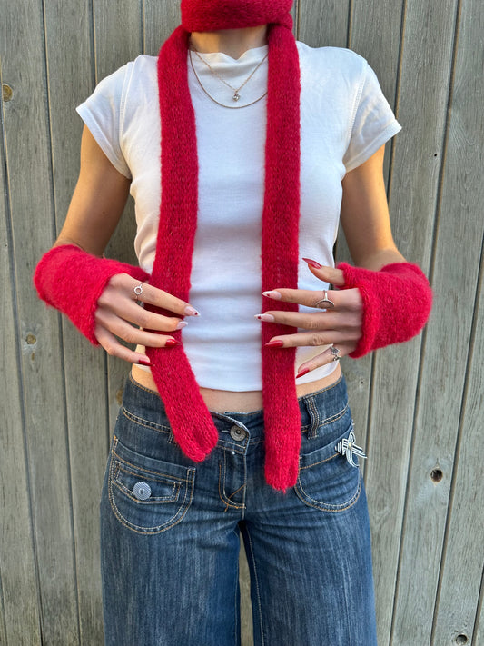 Red mohair knitted scarf, with matching hand warmers