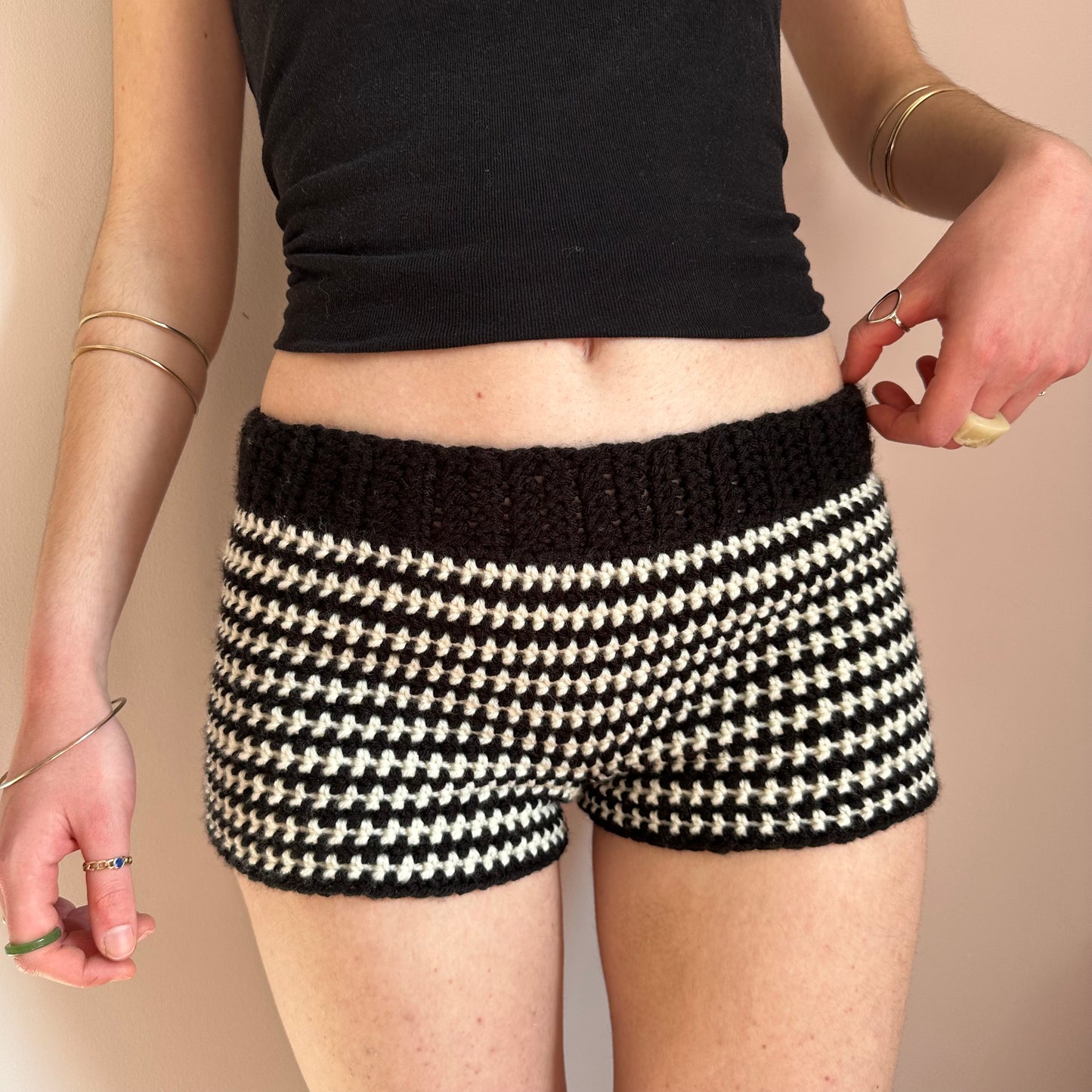 Handmade cream and black striped crochet shorts