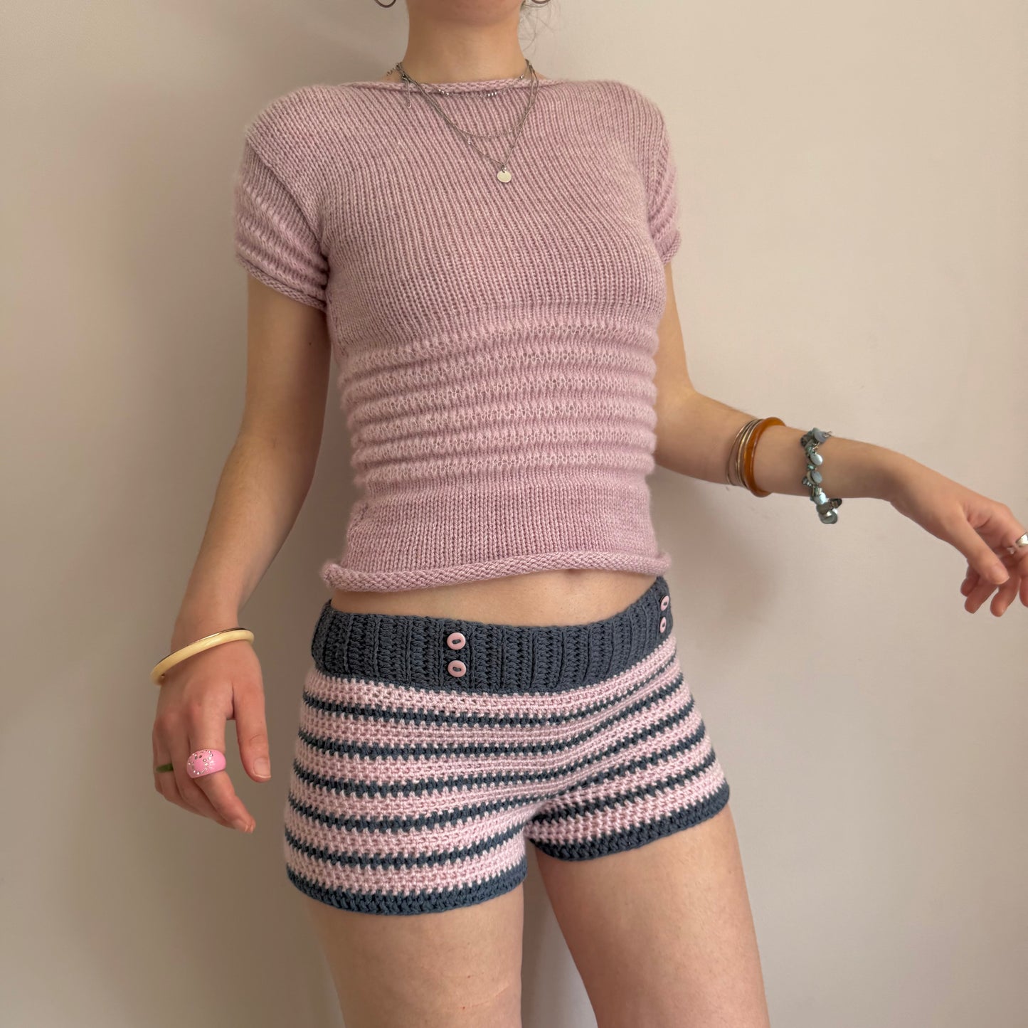 1 of 1 navy & baby pink striped crochet button shorts (pre made in size S)