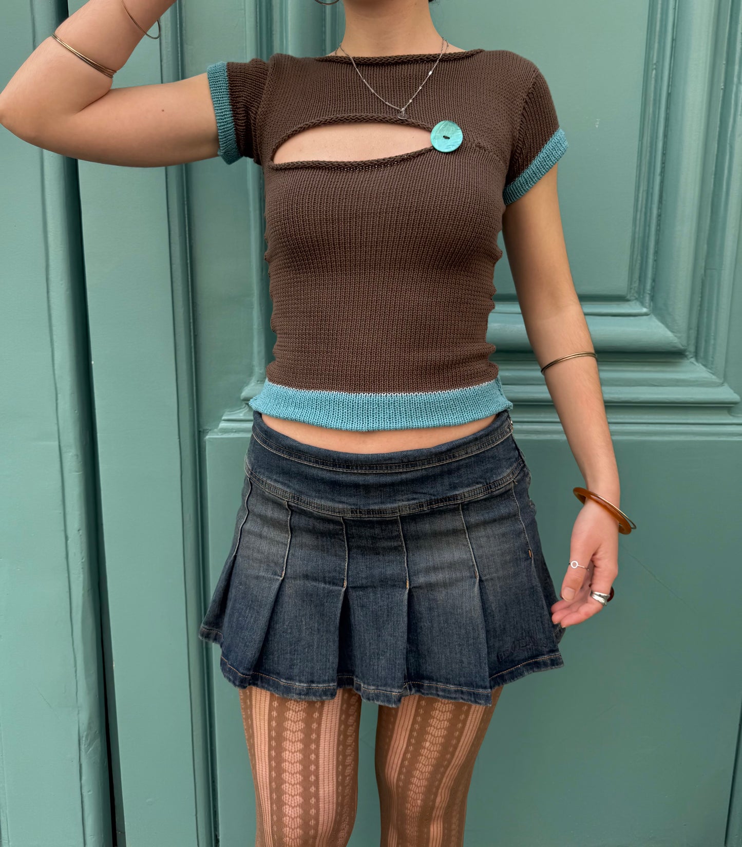 1 of 1 “cute as a button” cotton knitted tee in mocha & teal - pre made in XS