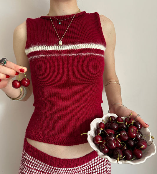 The Cherry Vest: handmade dark red and cream vest top - choose with or without bow back