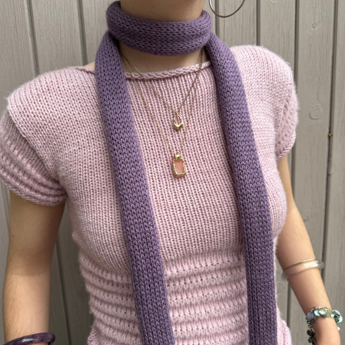 Handmade knitted skinny scarf in dusky purple