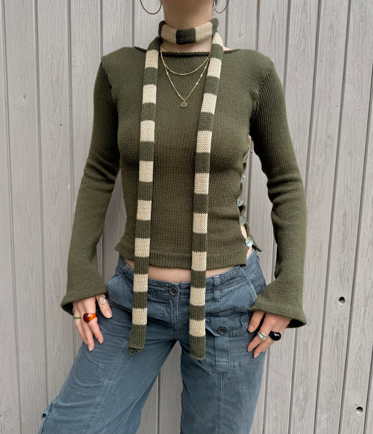 1 of 1 cotton knitted skinny scarf / belt in khaki green & beige (pre made)