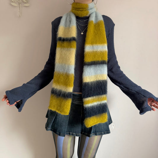 1 of 1 fluffy striped scarf - navy and chartreuse 🫐🍋‍🟩 pre made