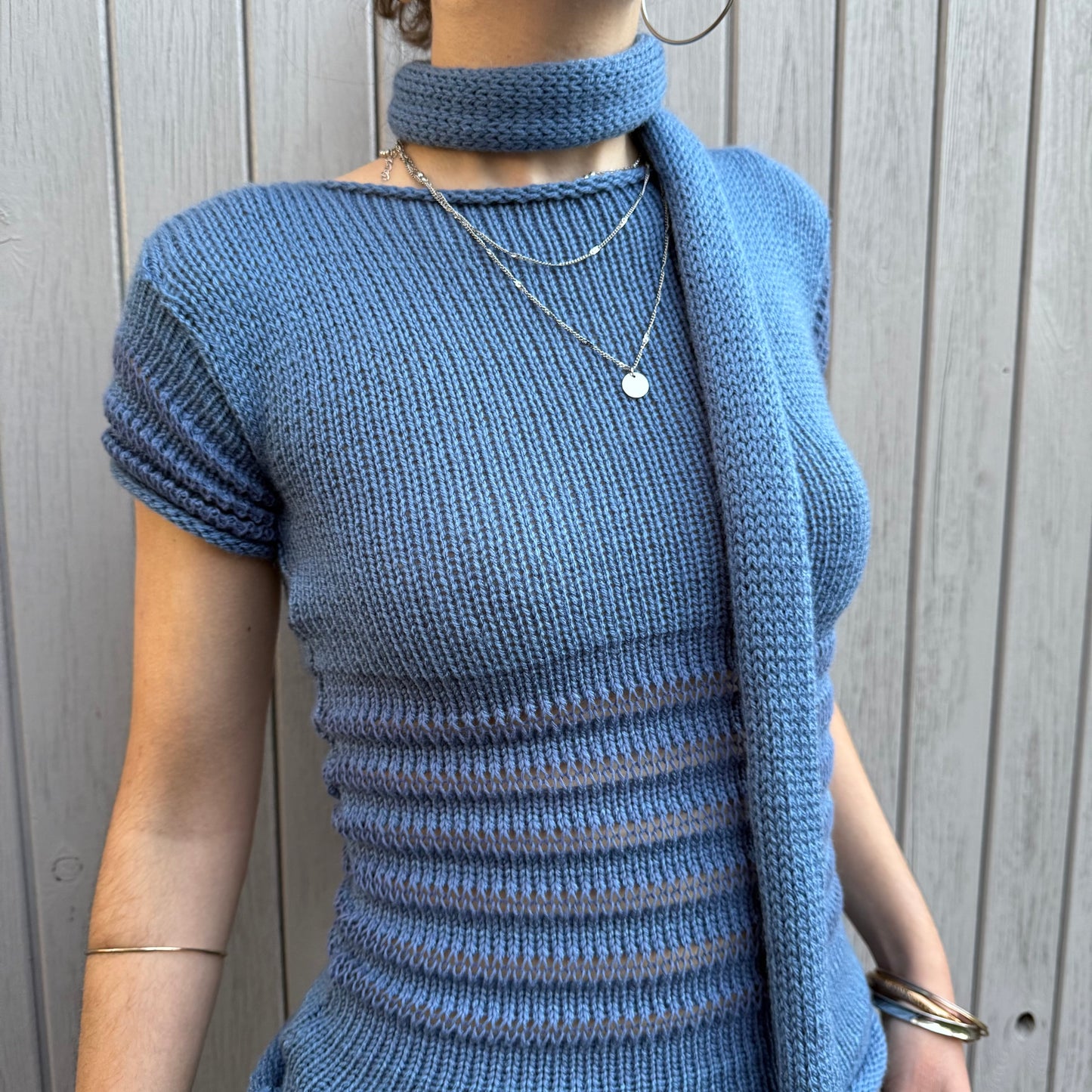 Handmade knitted skinny scarf in denim blue - pre made