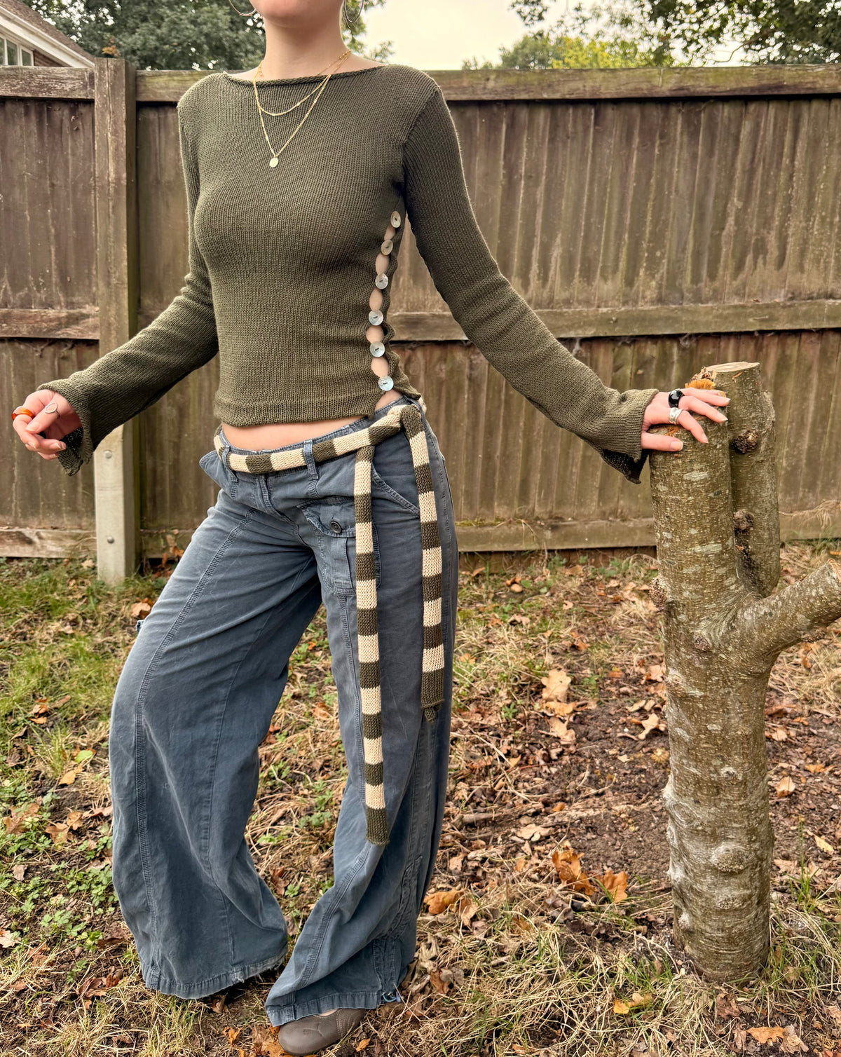 1 of 1 cotton knitted skinny scarf / belt in khaki green & beige (pre made)