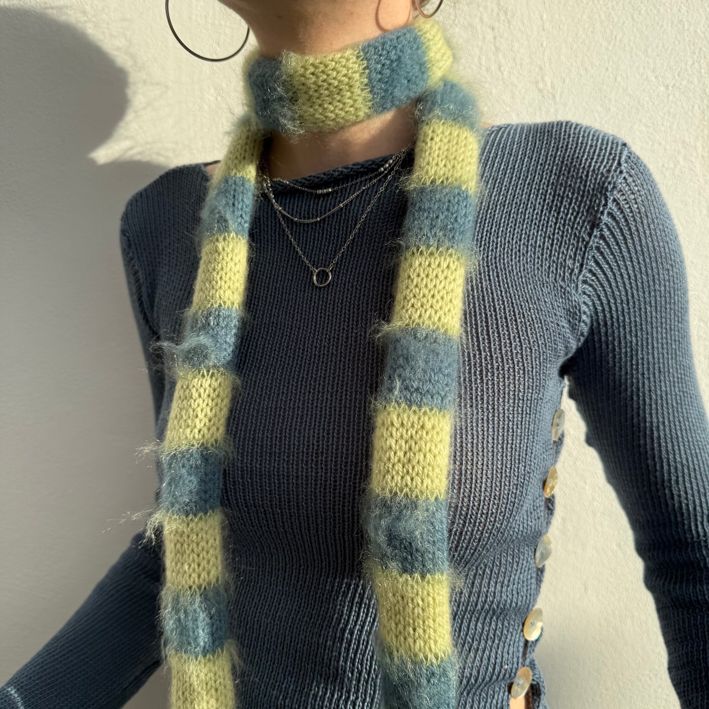 Handmade blue and green mohair striped skinny scarf - pre made