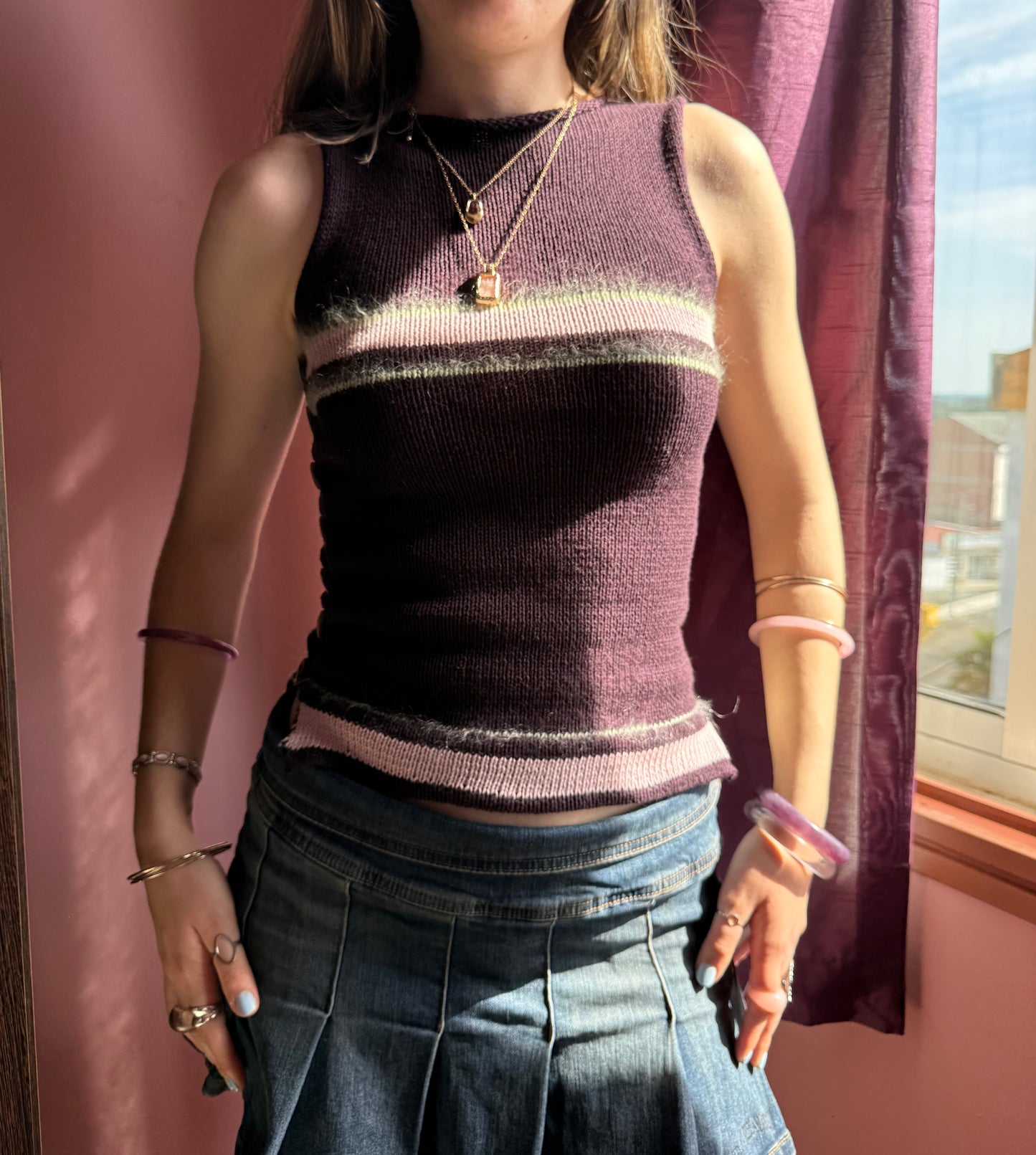 Striped Pearl Vest in plum purple with green mother of pearl buttons (pre made in S)