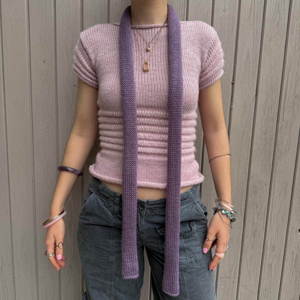 Handmade knitted skinny scarf in dusky purple