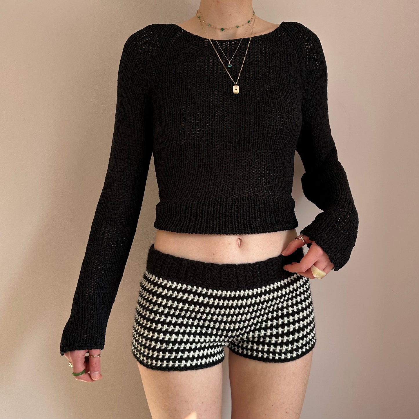 Handmade cream and black striped crochet shorts
