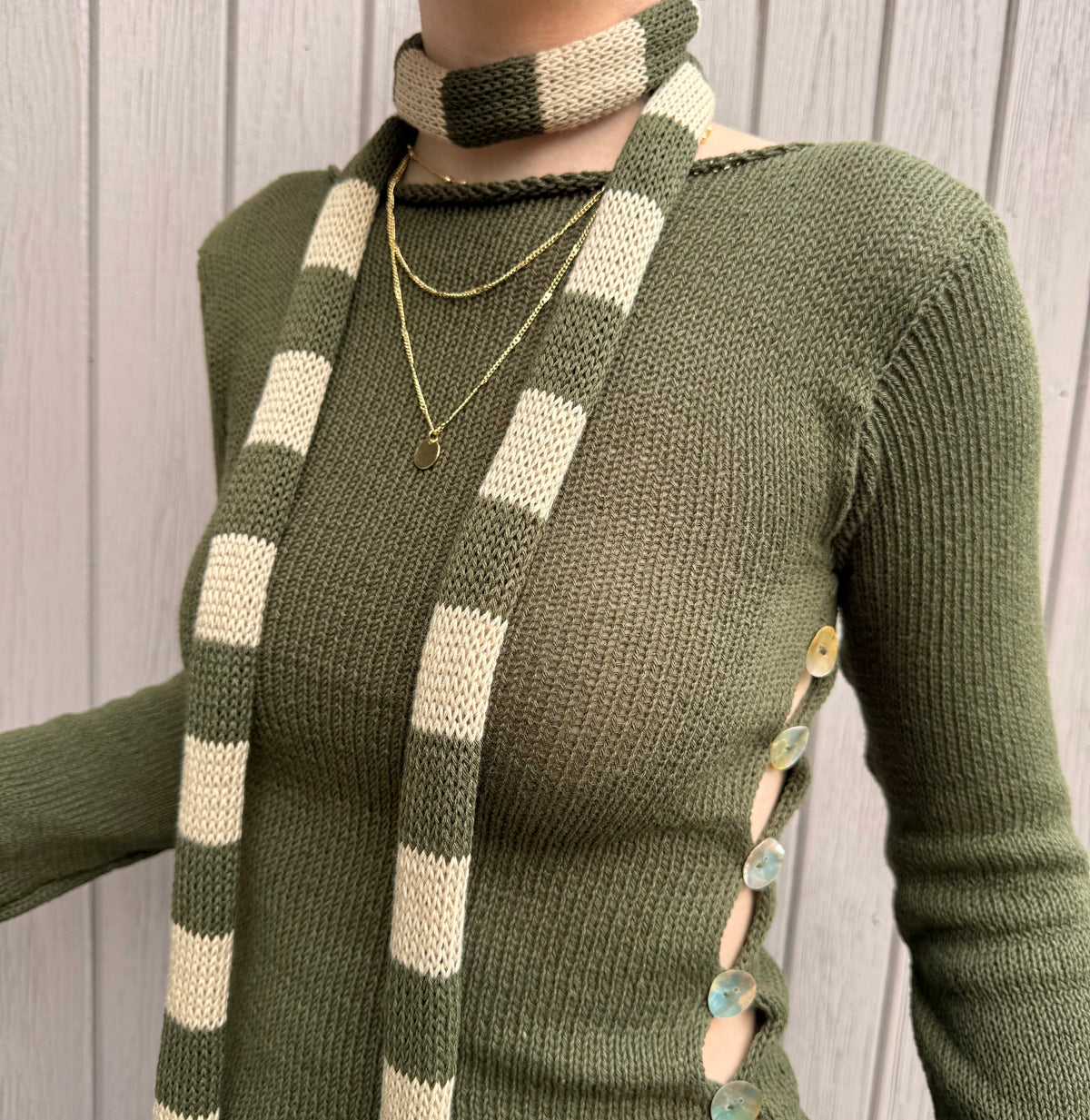 1 of 1 cotton knitted skinny scarf / belt in khaki green & beige (pre made)
