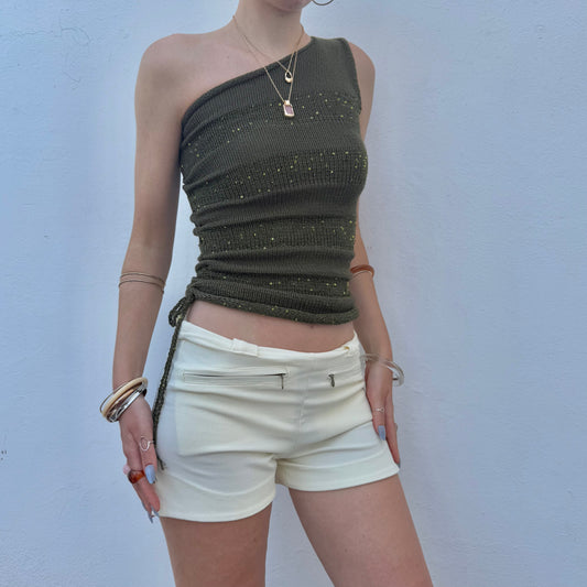 Handmade sparkly draped one shoulder knit top in forest green - cotton (pre made in XS)