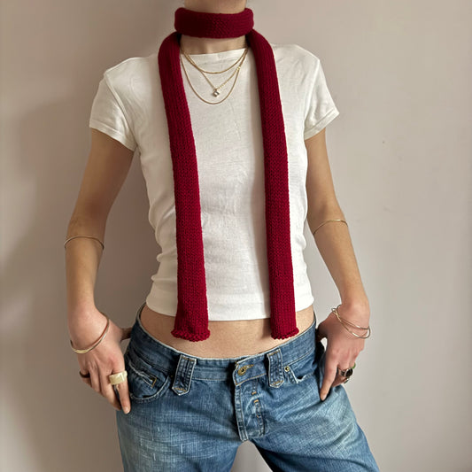 Handmade knitted skinny scarf in dark red