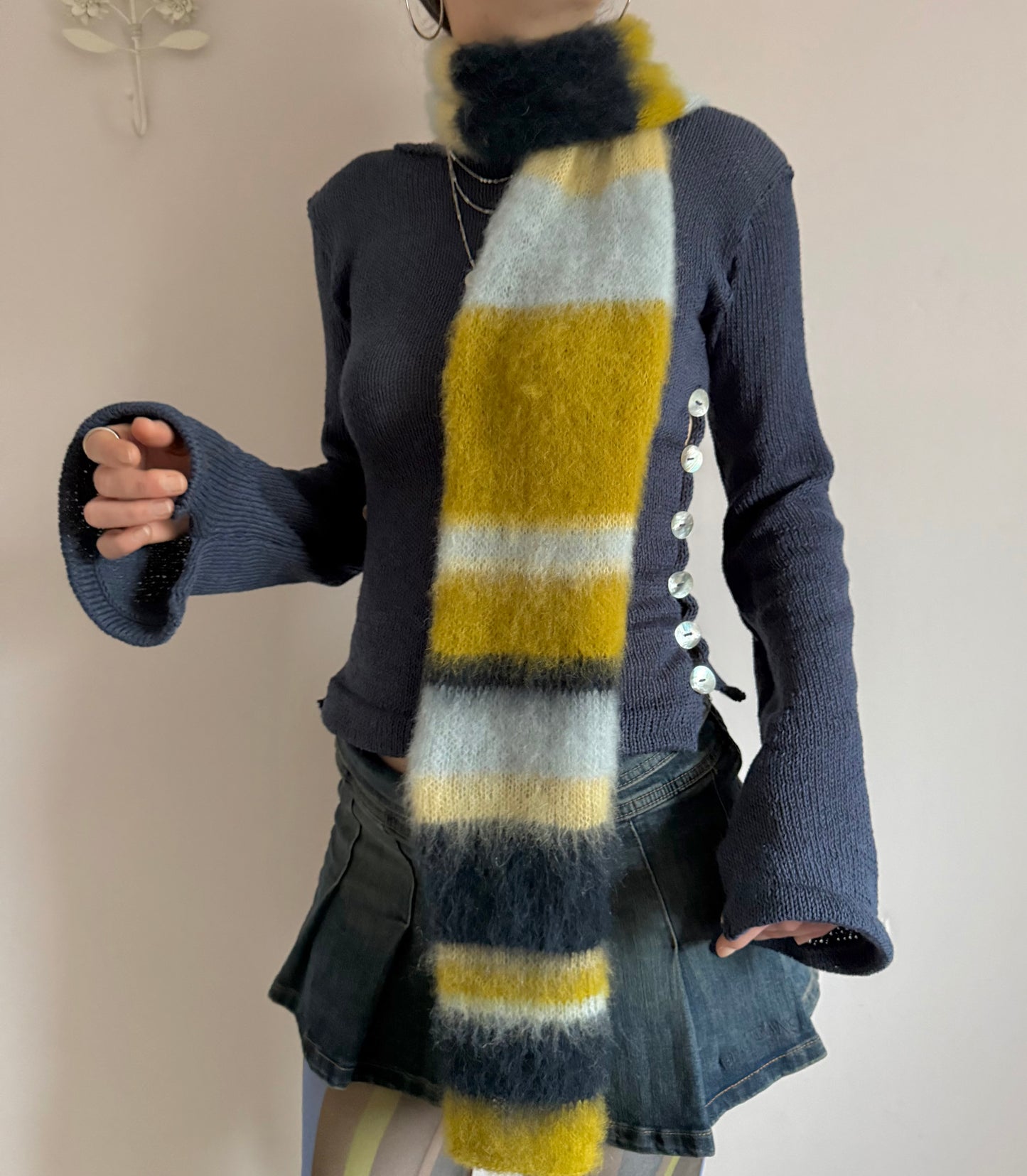 1 of 1 fluffy striped scarf - navy and chartreuse 🫐🍋‍🟩 pre made