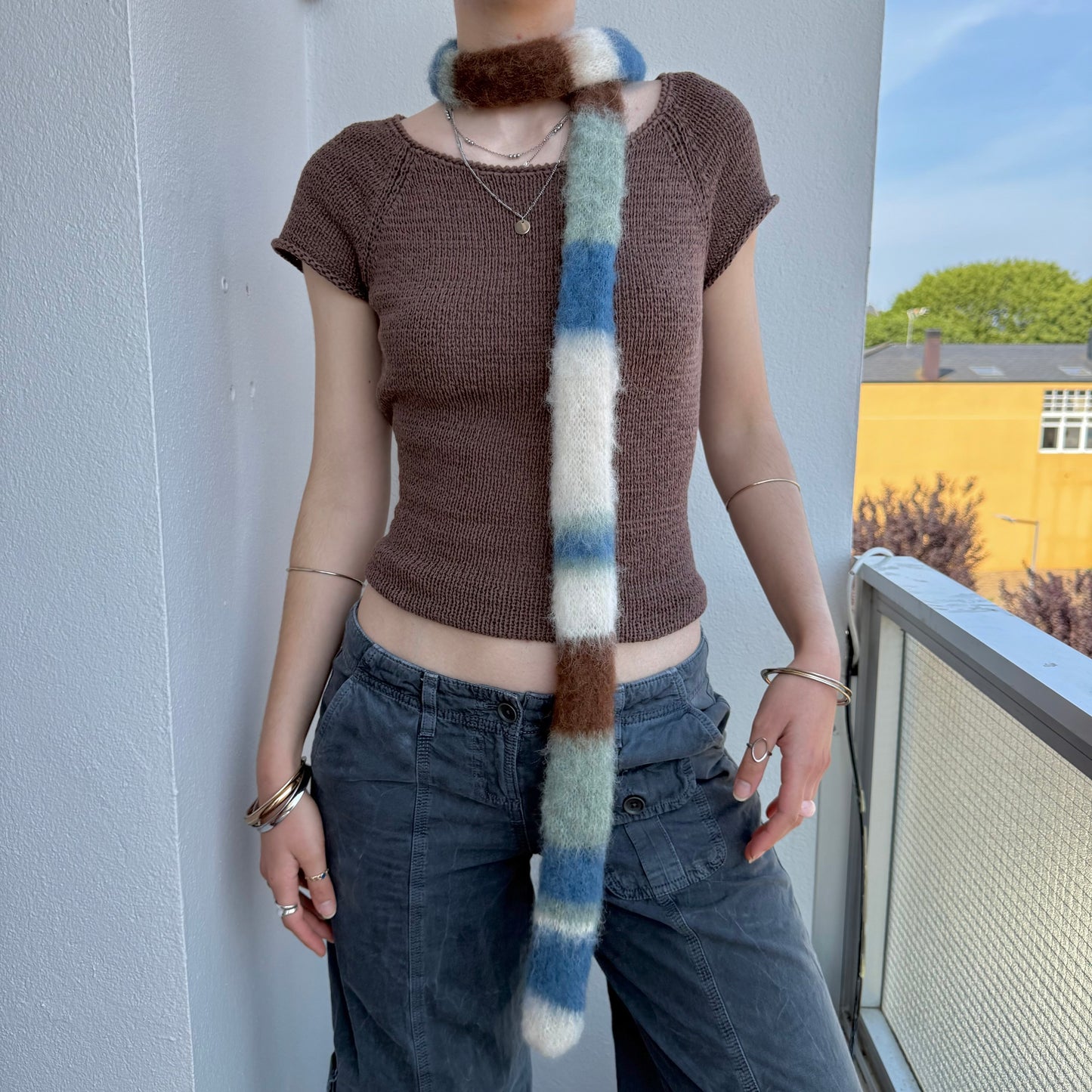 Handmade cream, sage green, brown and denim blue fluffy striped skinny scarf 🌿
