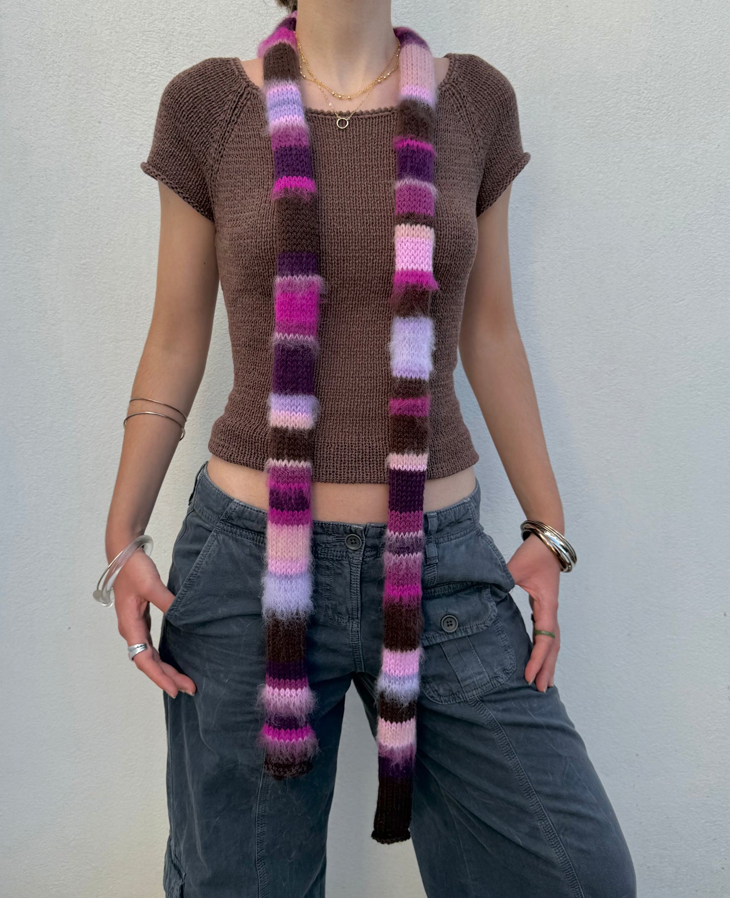 Purple, pink and brown handmade knitted mohair striped skinny scarf - pre made