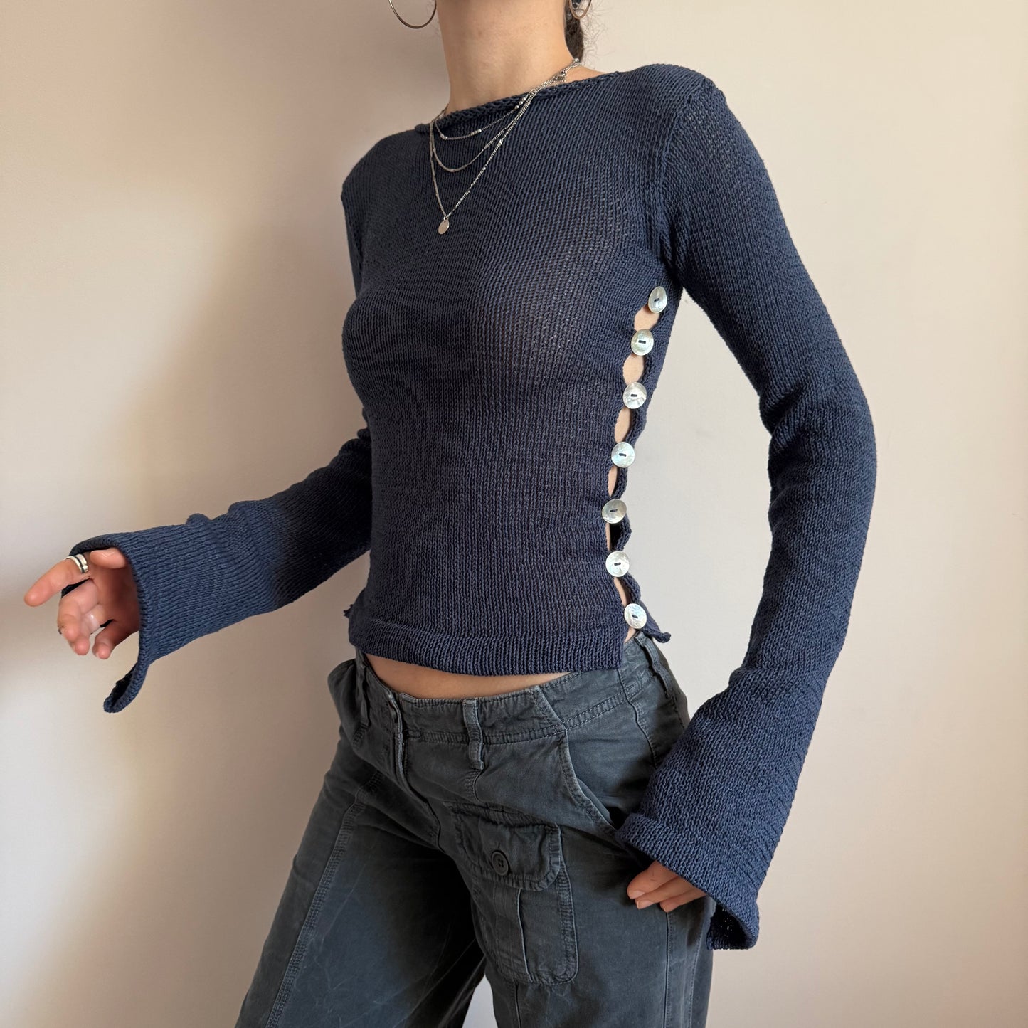 Pearl Long Sleeve in navy blue - handmade knit jumper with mother of pearl buttons