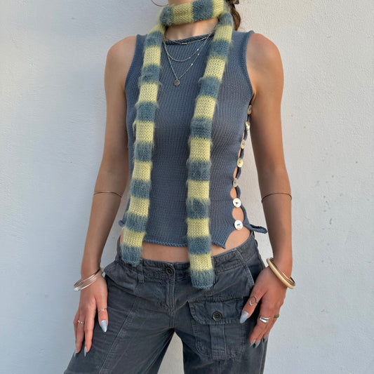 Handmade blue and green mohair striped skinny scarf