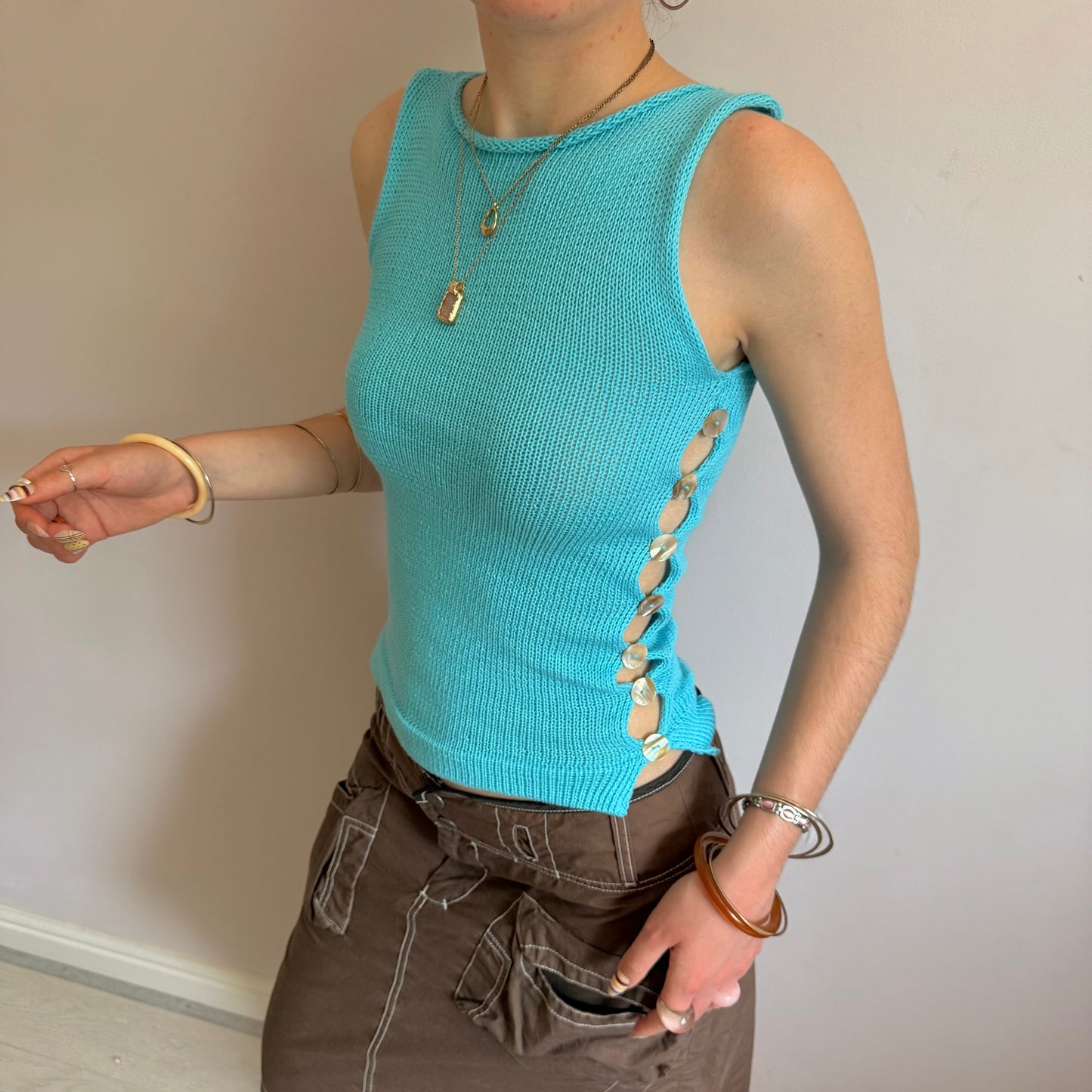 The Pearl Vest in turquoise - with mother of pearl buttons (pre made in size XS, S & M)