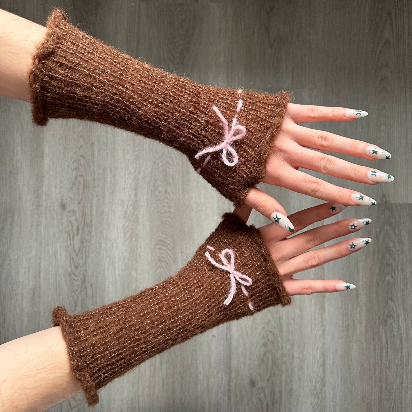 Handmade knitted mohair bow gloves in brown & baby pink - with thumb hole