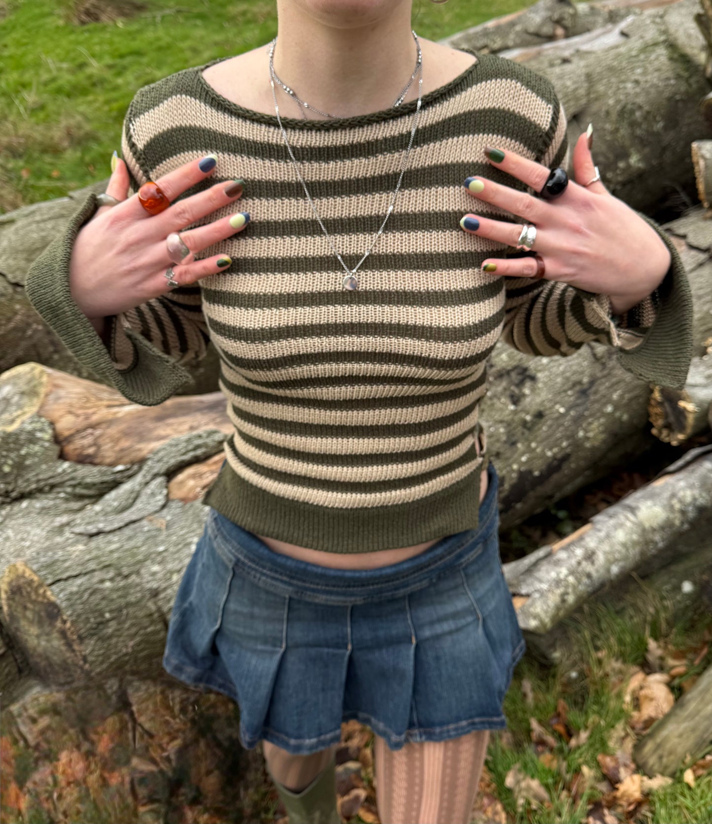 Pearl Long Sleeve in striped khaki & beige - handmade knit jumper with abalone shell buttons