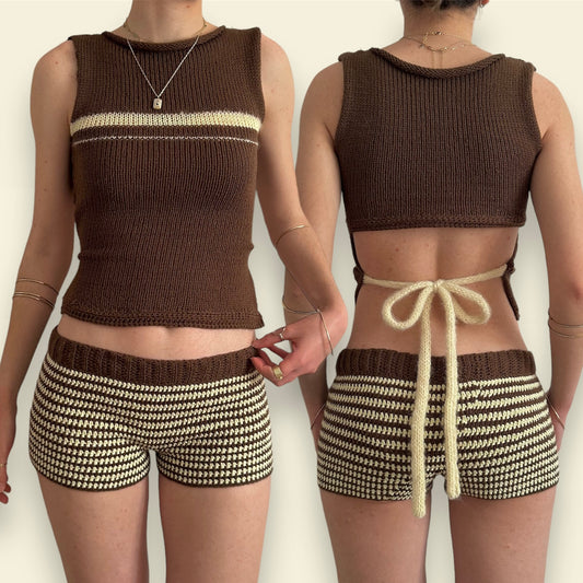 The Sienna Set - matching striped crochet shorts and knit vest (choose with/without bow)