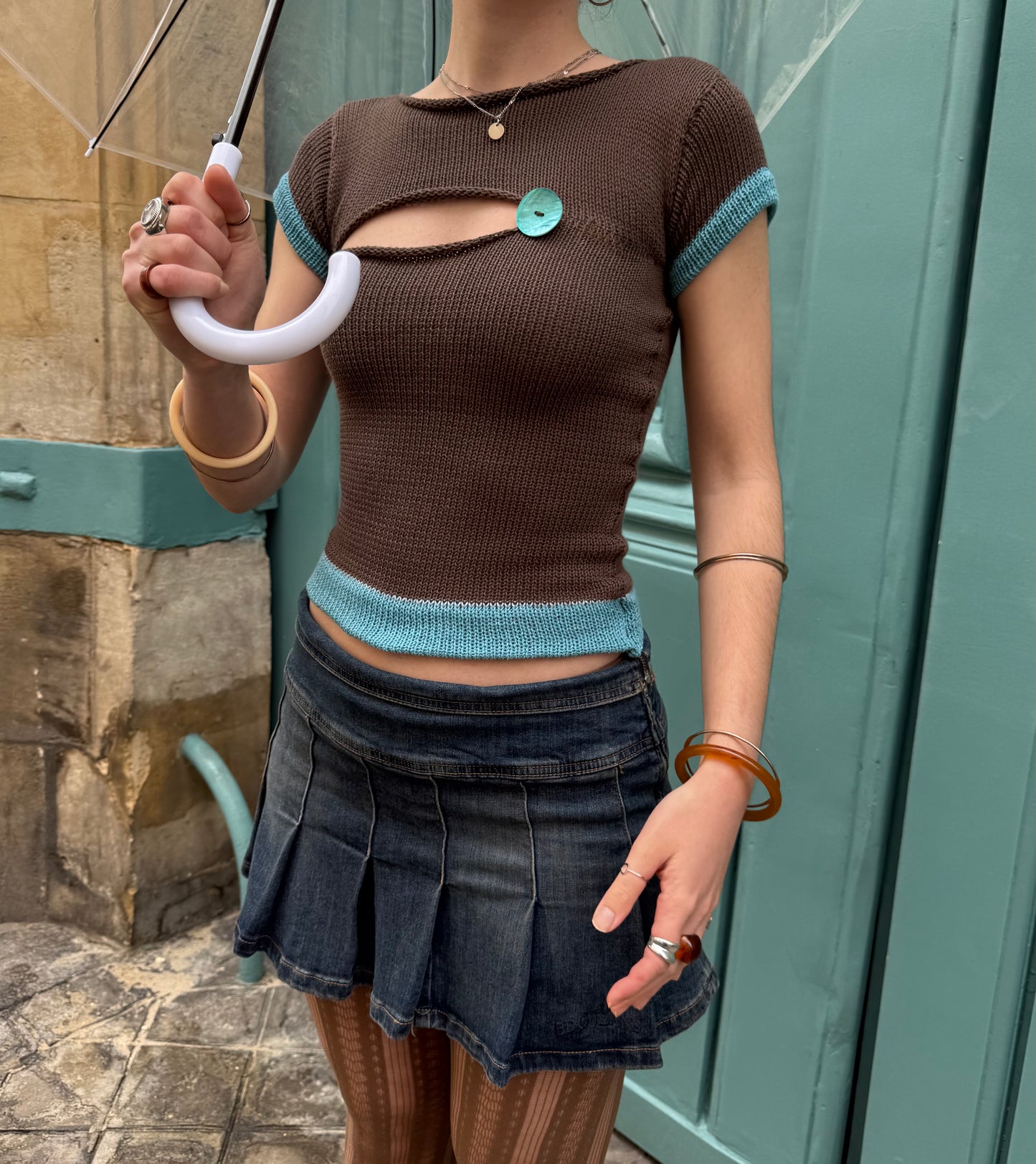 1 of 1 “cute as a button” cotton knitted tee in mocha & teal - pre made in XS