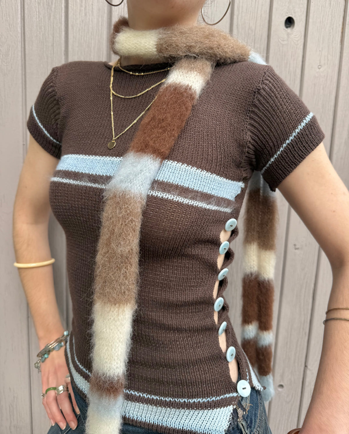 Fluffy striped knit scarf - Baby Blue, Cream & Brown (pre made in skinny width)