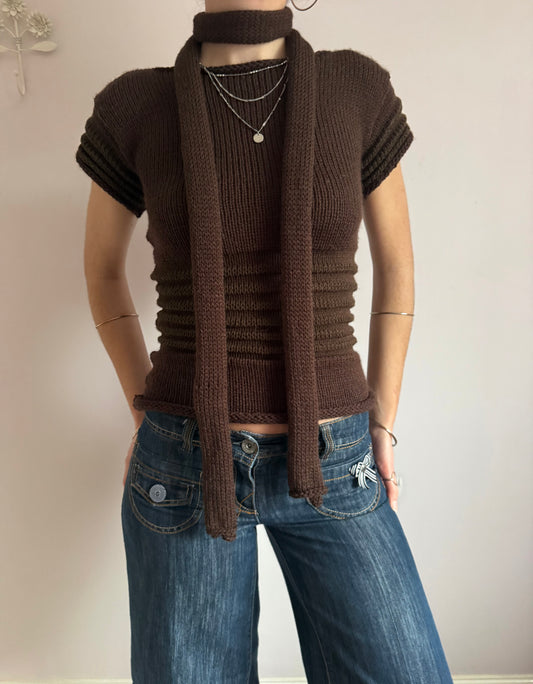 Handmade knitted skinny scarf in dark brown