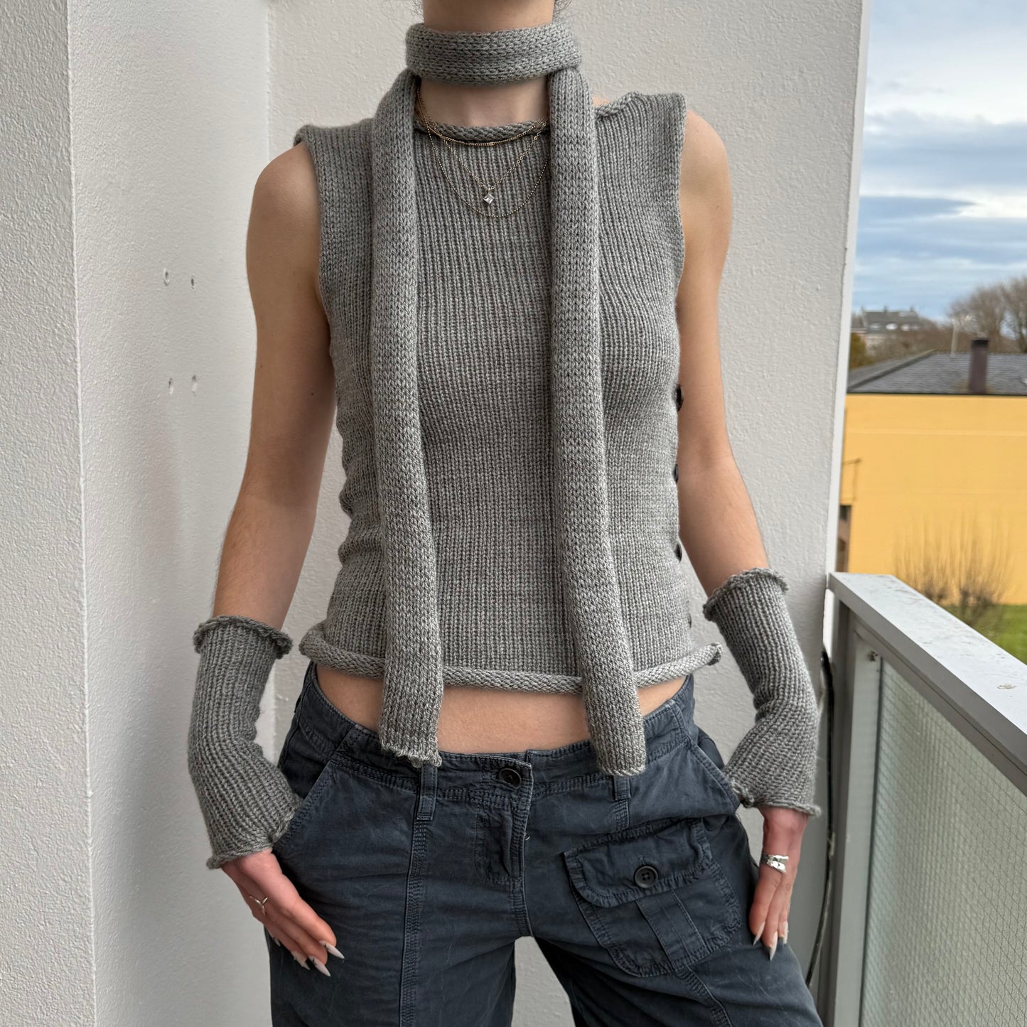 Handmade knitted skinny scarf in grey