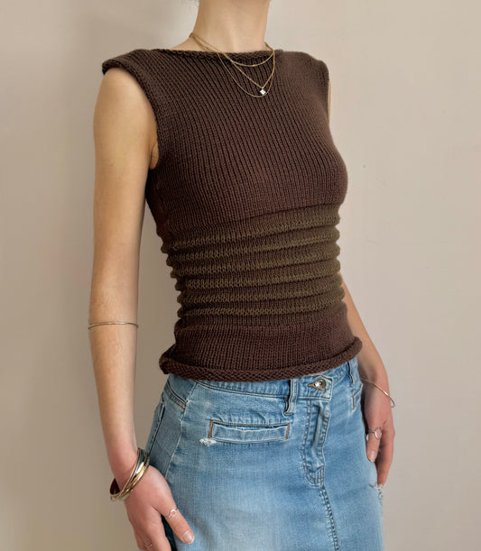 Handmade brown shirred knitted vest