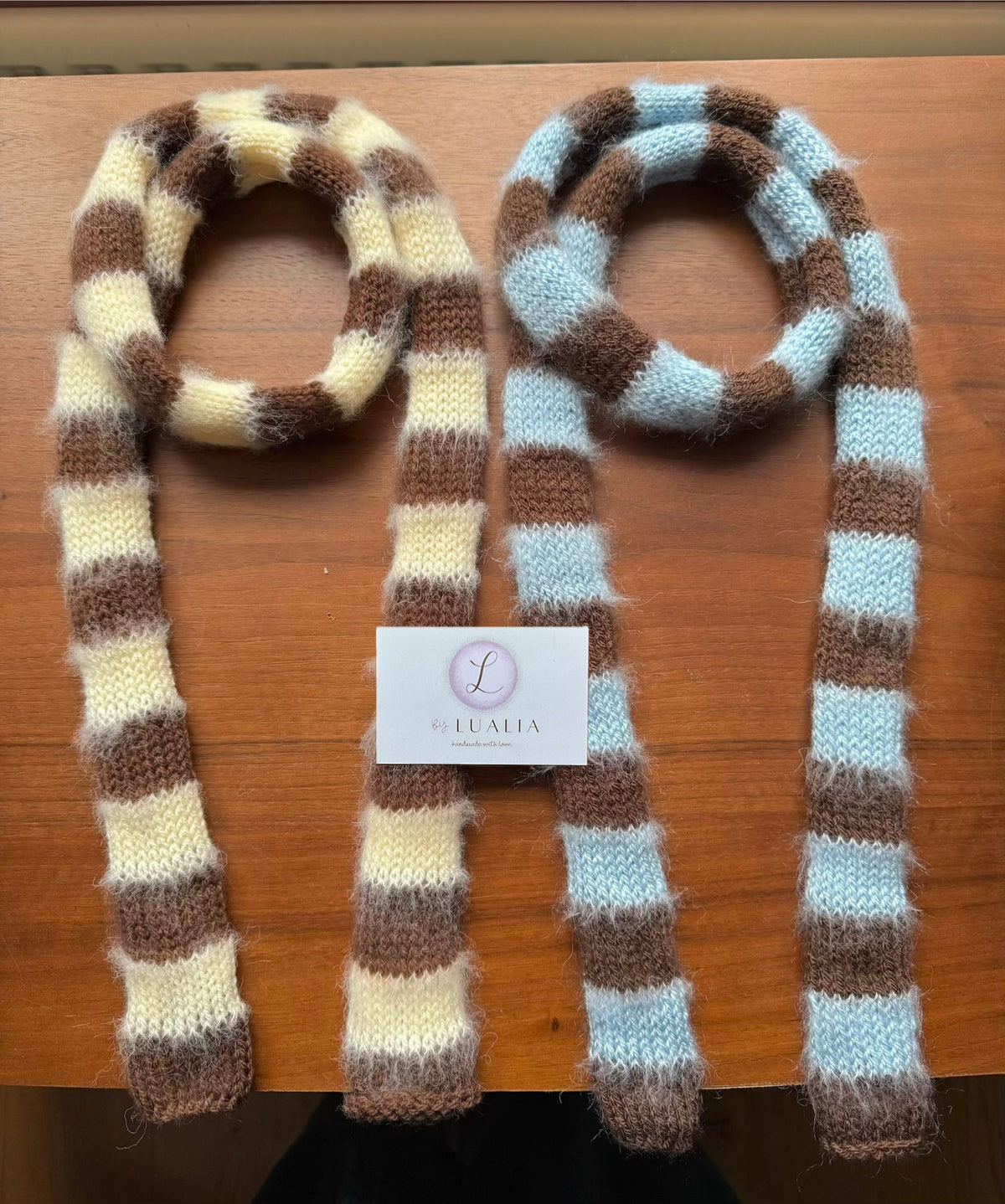 Handmade knitted brown and light yellow mohair striped skinny scarf - pre made