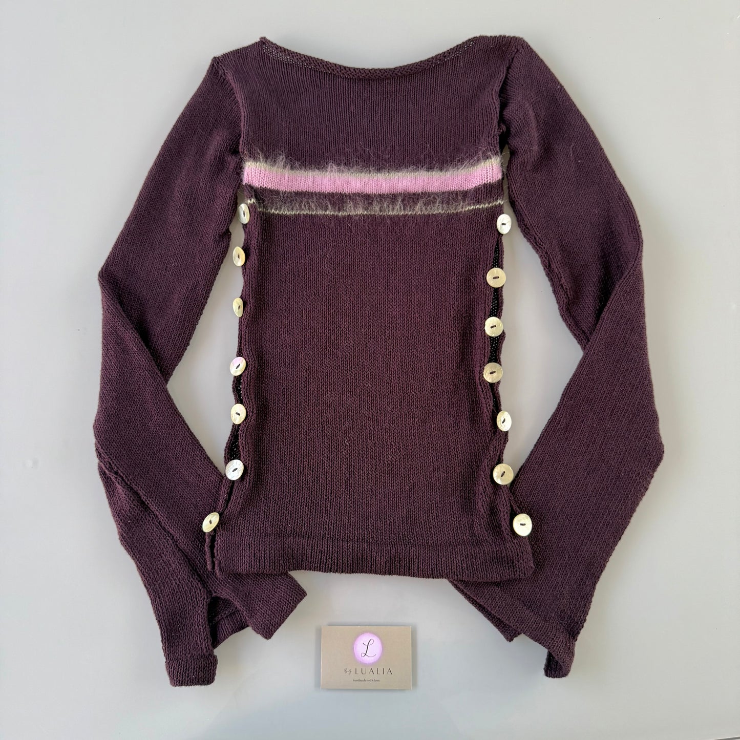 Pearl Long Sleeve in plum purple - handmade striped knit jumper with green mother of pearl buttons