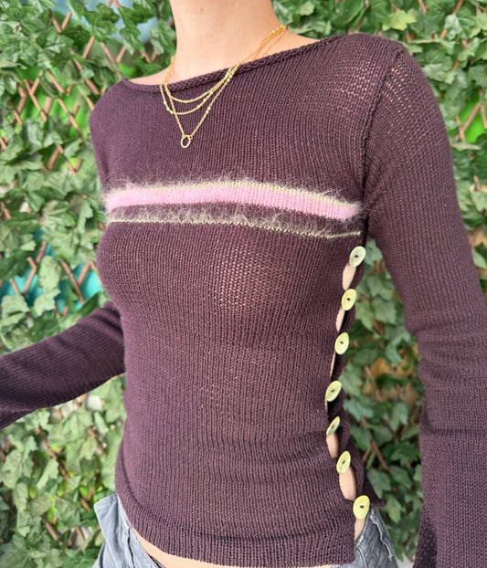 Pearl Long Sleeve in plum purple - handmade striped knit jumper with green mother of pearl buttons