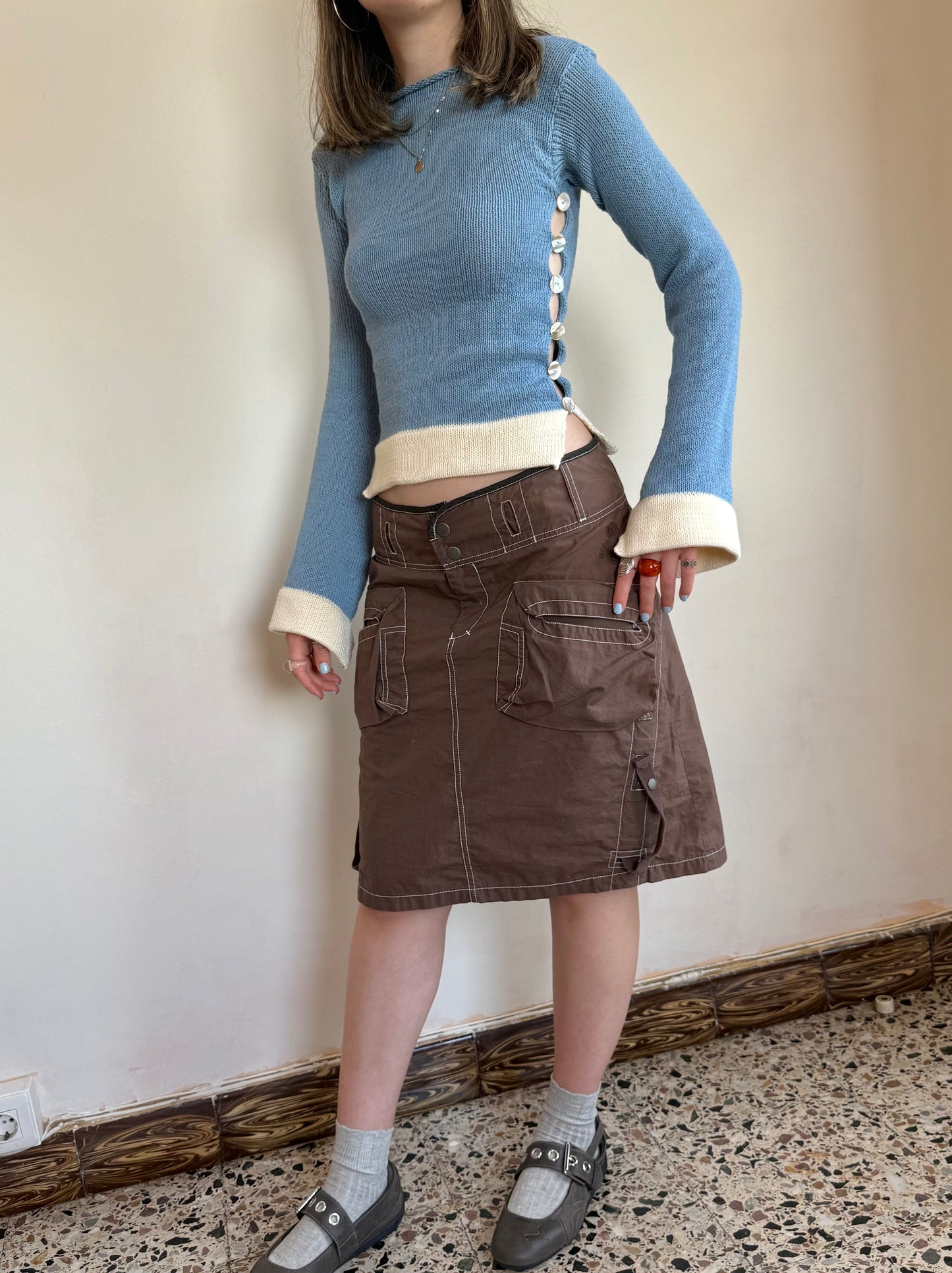 Colour block Pearl long sleeve in dusty blue & cream - 1 of 1 (pre made in S)