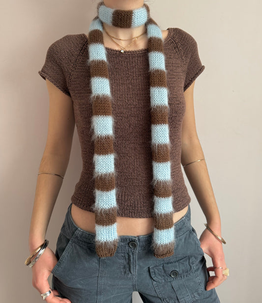 brown and blue striped skinny scarf front pose