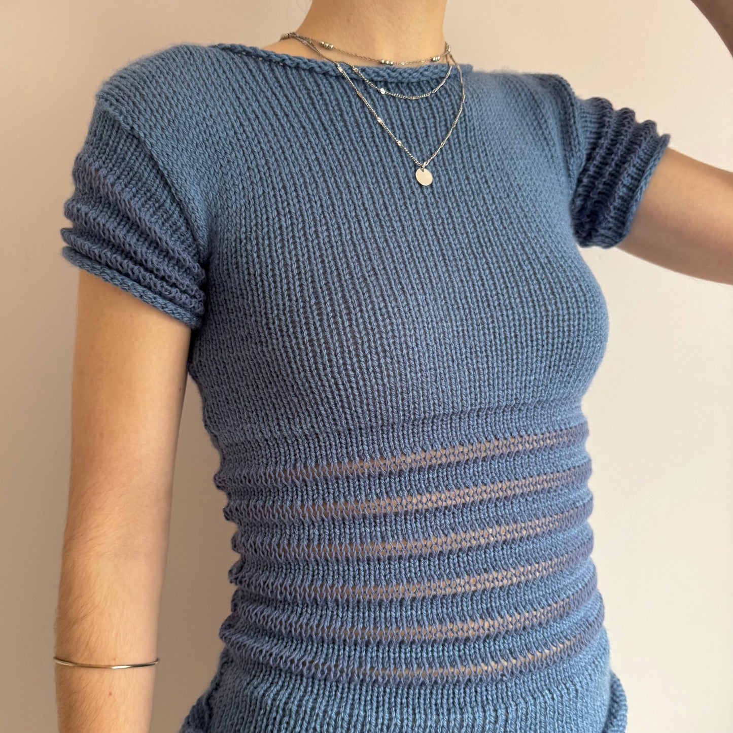 The Ripple Tee - handmade denim blue shirred top
