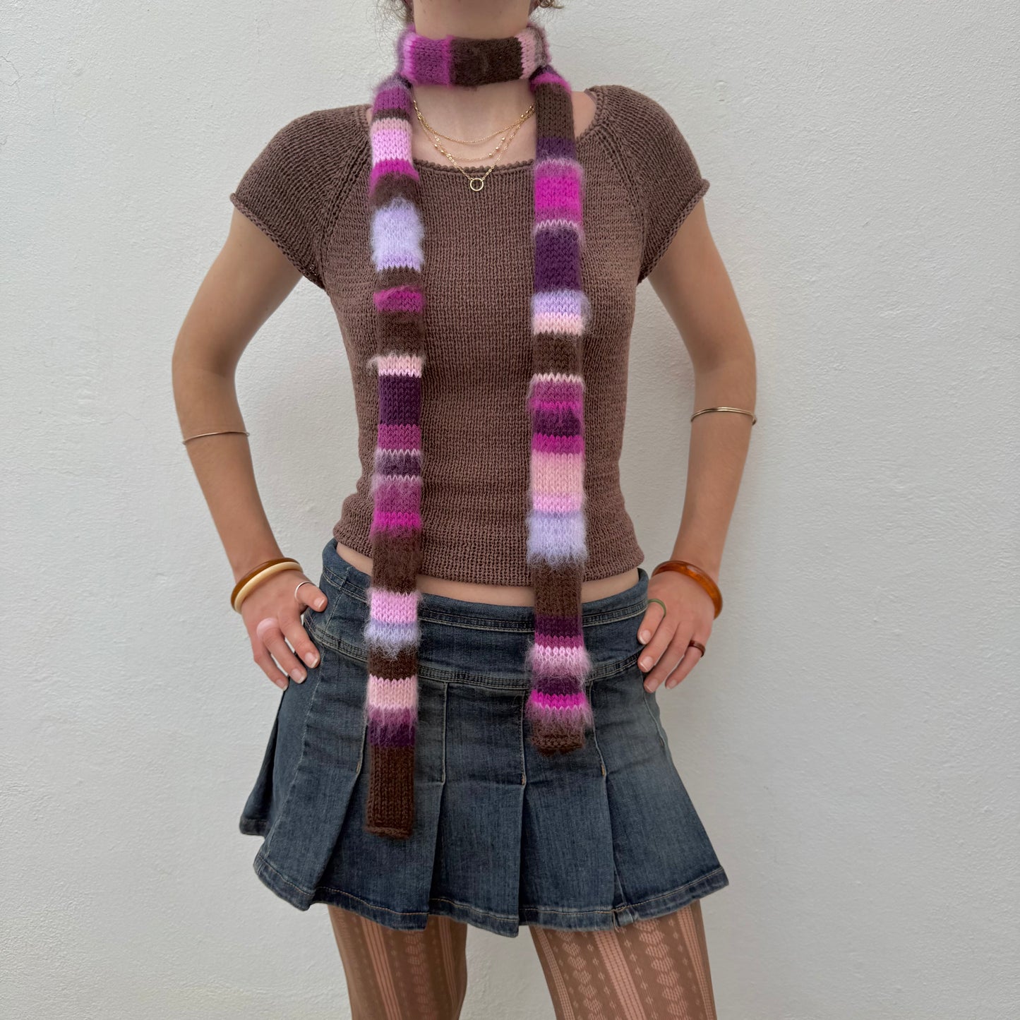 Purple, pink and brown handmade knitted mohair striped skinny scarf - pre made